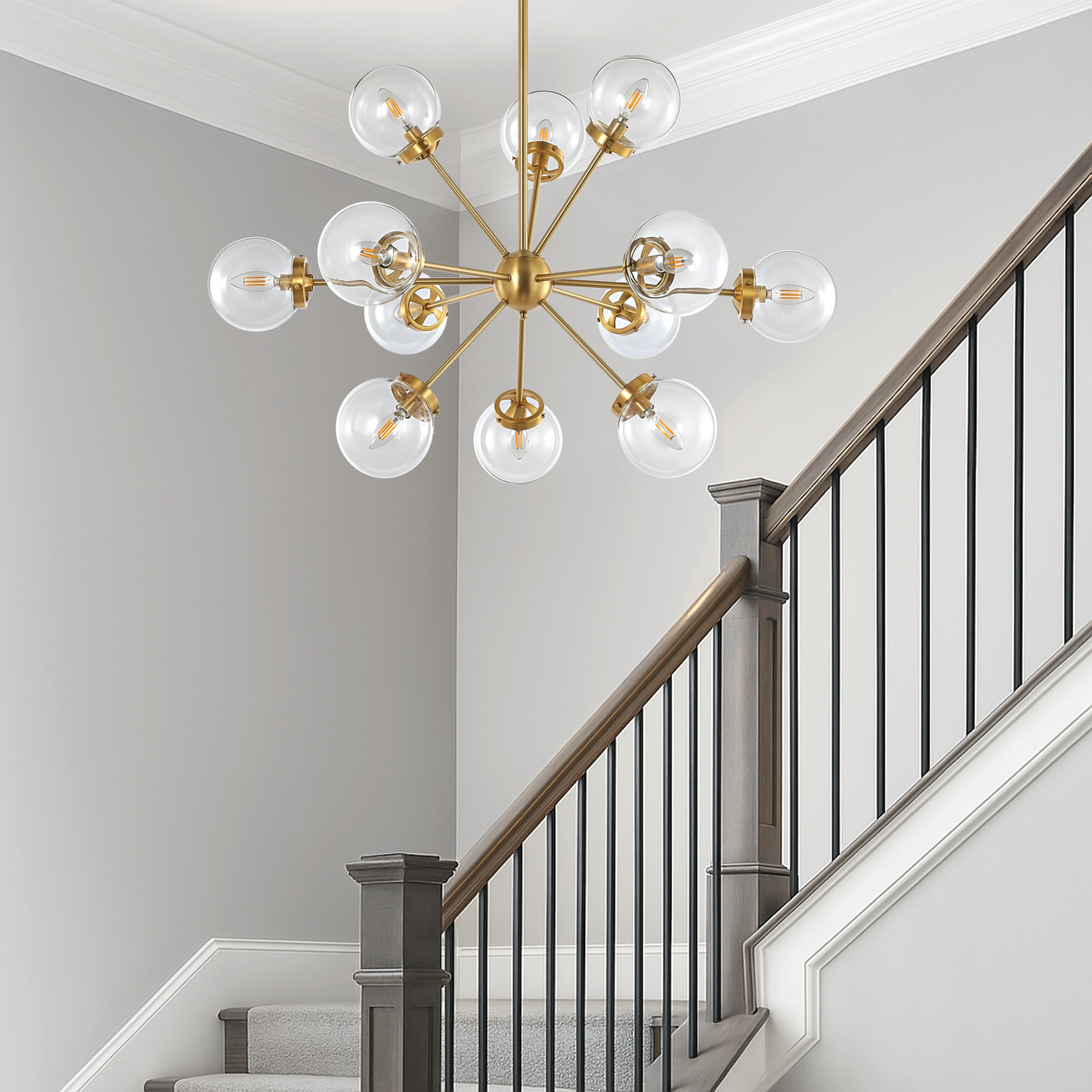 12-Light Dimmable Sputnik Sphere Chandelier, Clear Glass Shades