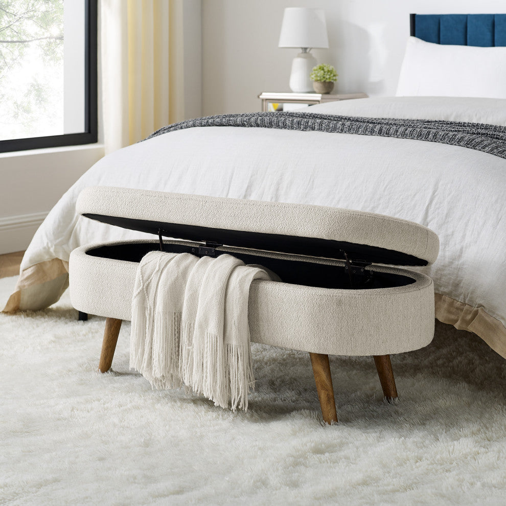 TATEUS Ottoman Oval Storage Bench, Rubber Wood Legs, Beige