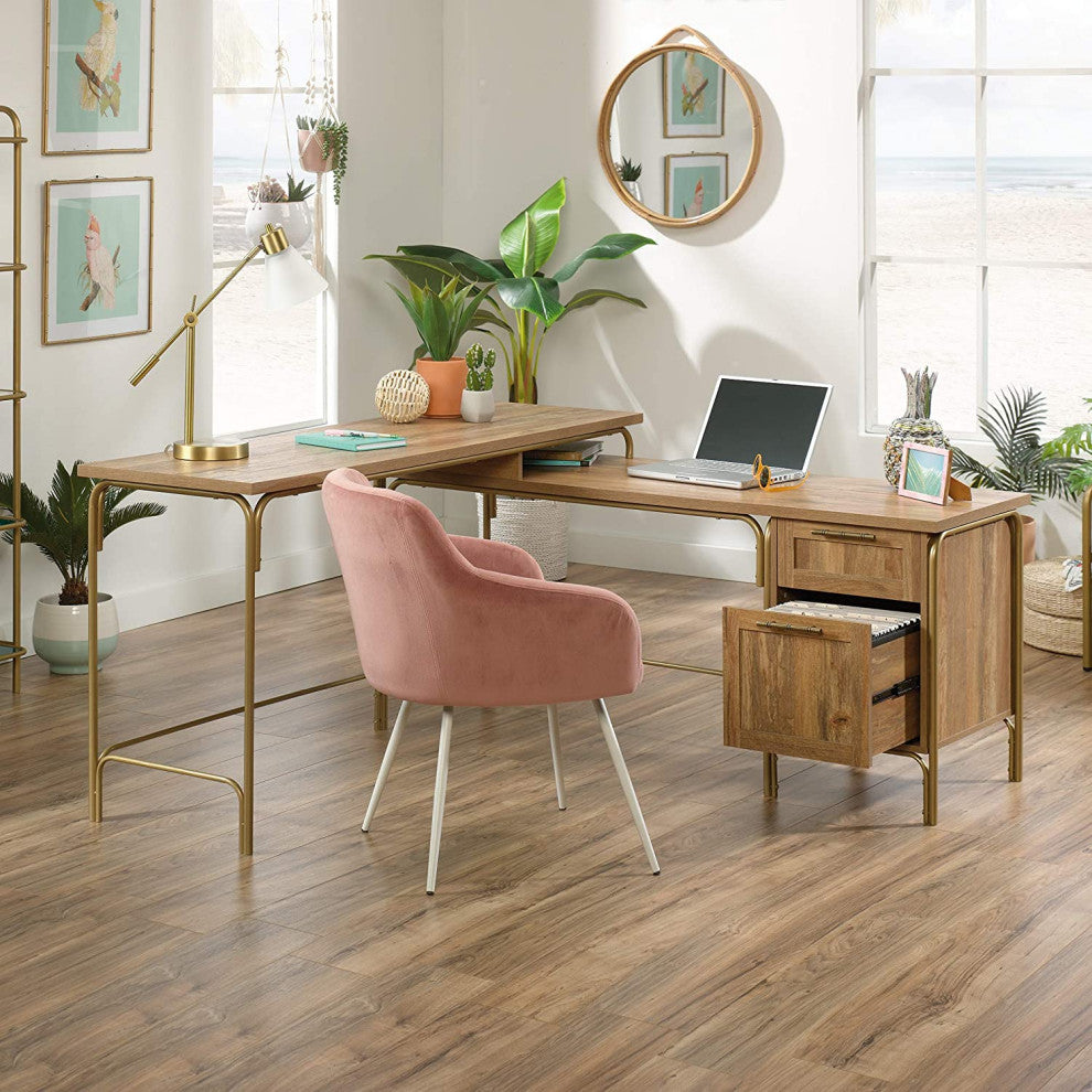 Unique L-Shaped Desk, Golden Metal Frame With Sindoori Mango Top and Drawers