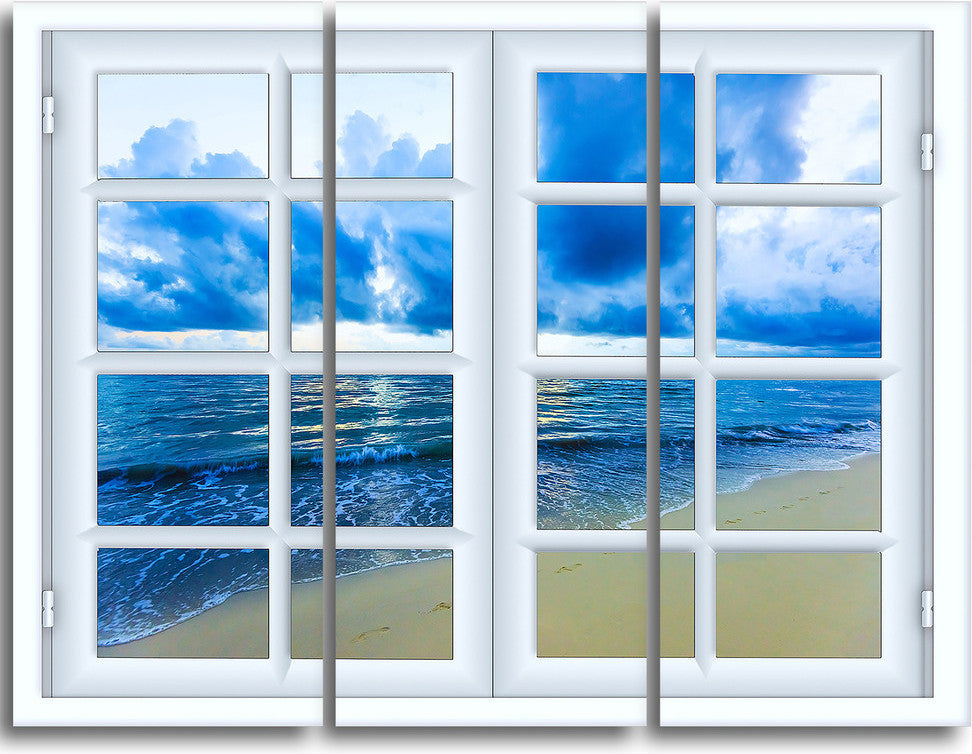 "Closed Window to Blue Seascape" Oversized Metal Wall Art, 3 Panels, 36"x28"