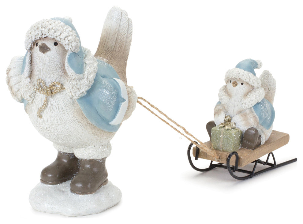 Winter Bird With Sled Figurine, Set of 2