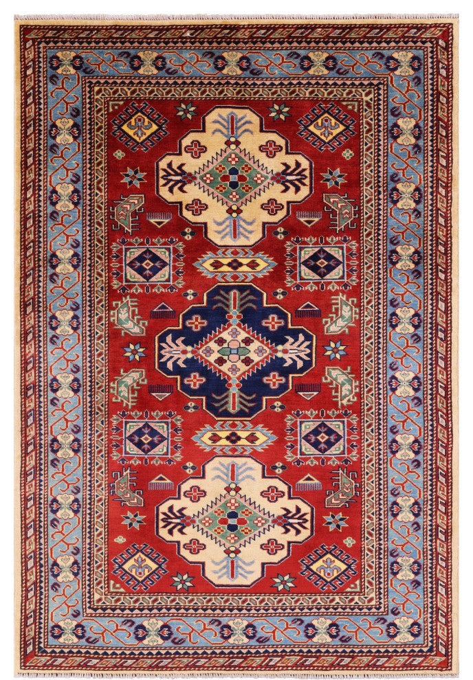 4' 2" X 5' 11" Super Kazak Hand Knotted Geometric Rug Q10624