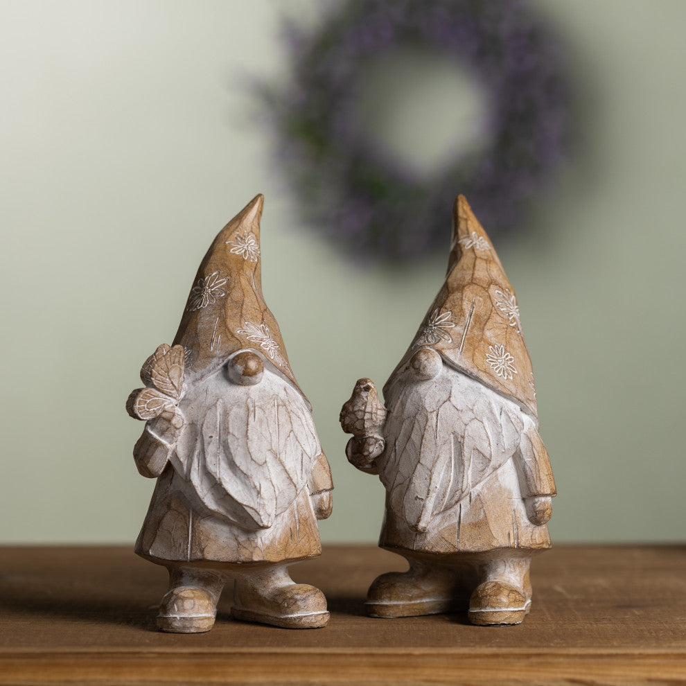 Carved Spring Gnome Figurine, 2-Piece Set