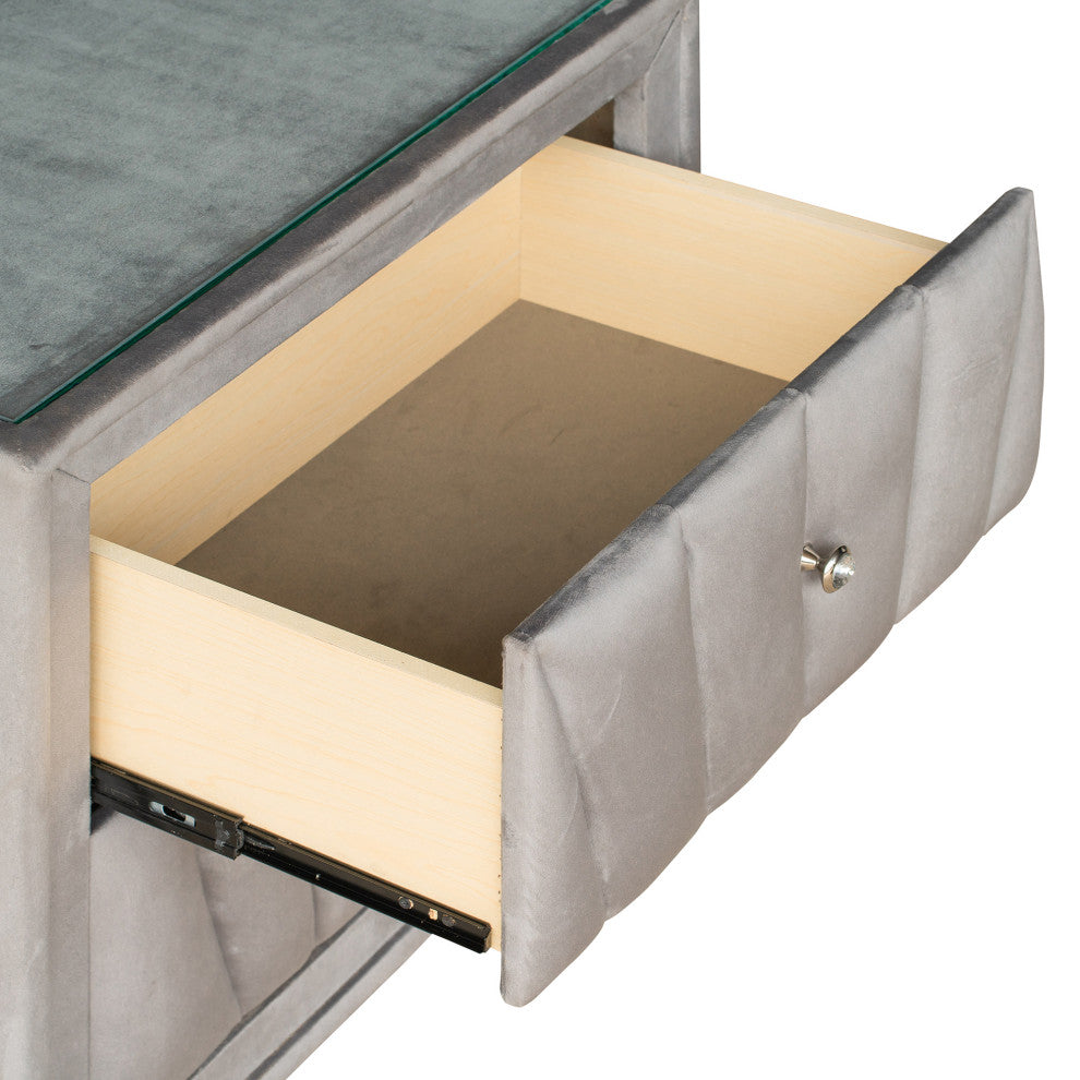 2-Drawer Wood Nightstand with Velvet Fabric and Glass Worktop, Silver Gray
