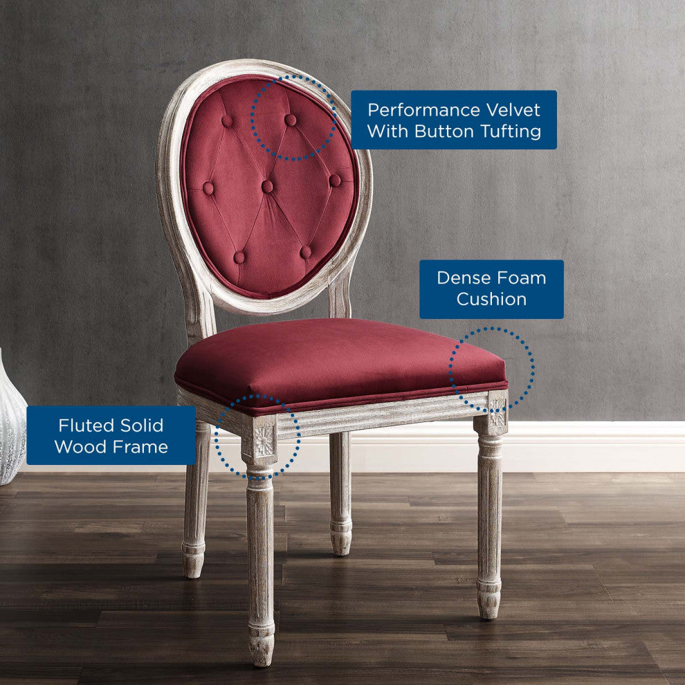 French Vintage Side Dining Chair, Velvet, Wood, Brown Natural Red, Modern