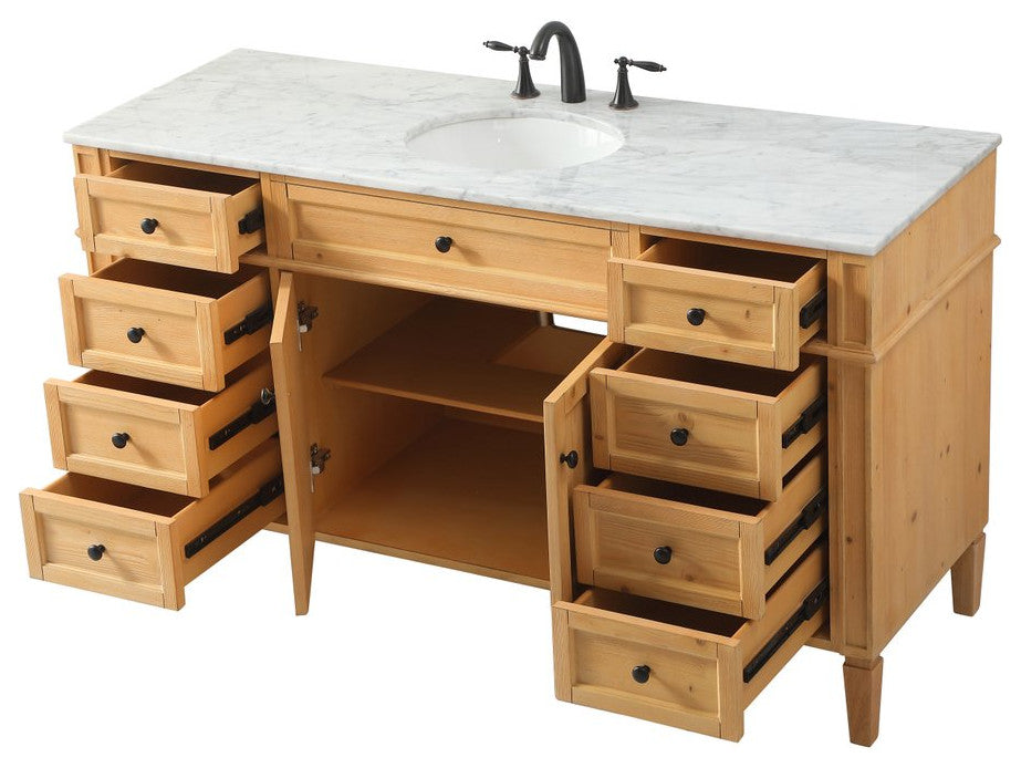 Home Living Vanity with Carrara White Marble Countertop, Natural Wood, 60", Single Sink