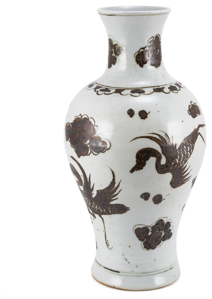 Rusty Brown Vase Crane Motif