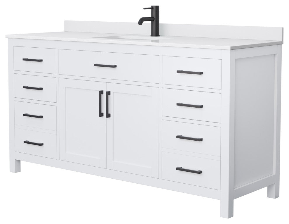 66"SGL Bathroom Vanity, White, White Cult. Marble Countertop, Sink, Black Trim