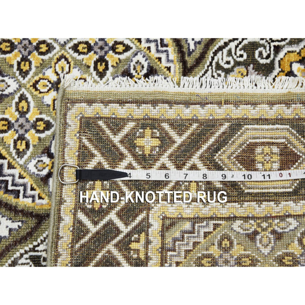 Taupe/Brown Textured Wool Silk Mughal Inspired Hand/Knotted Rug, 4'0"x6'2"