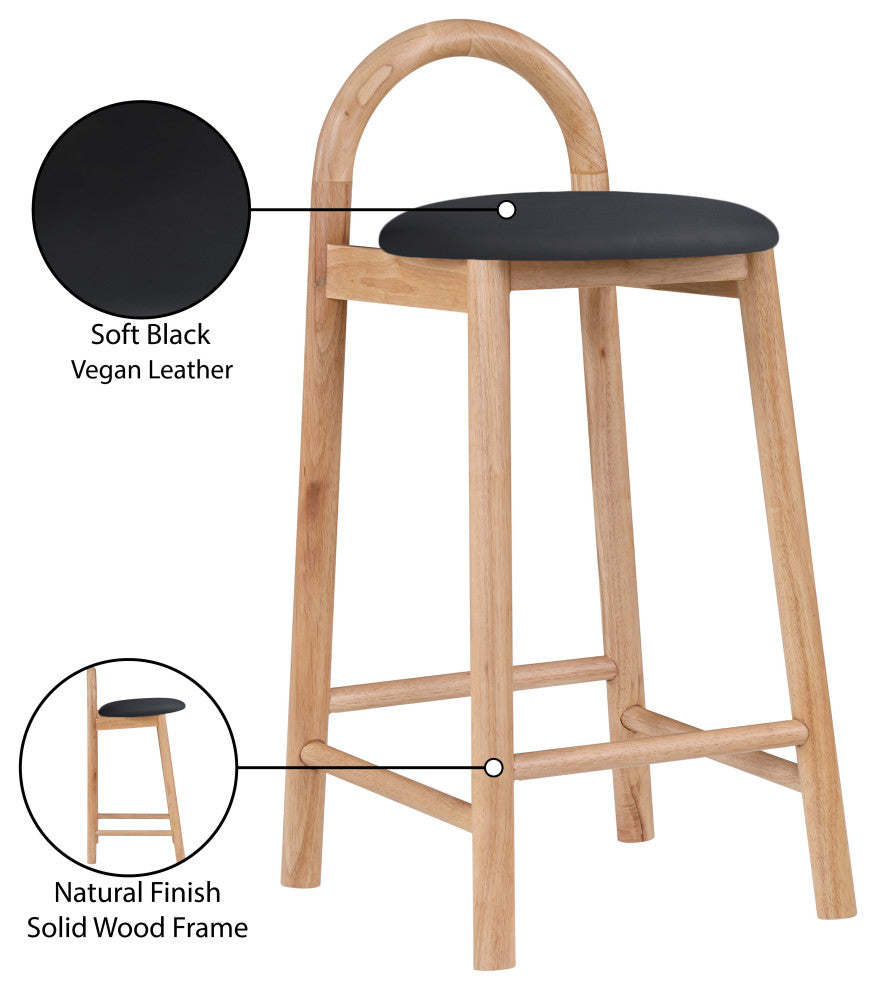 Meridian Furniture Calvin Vegan Leather Stool, Black, Natural Finish