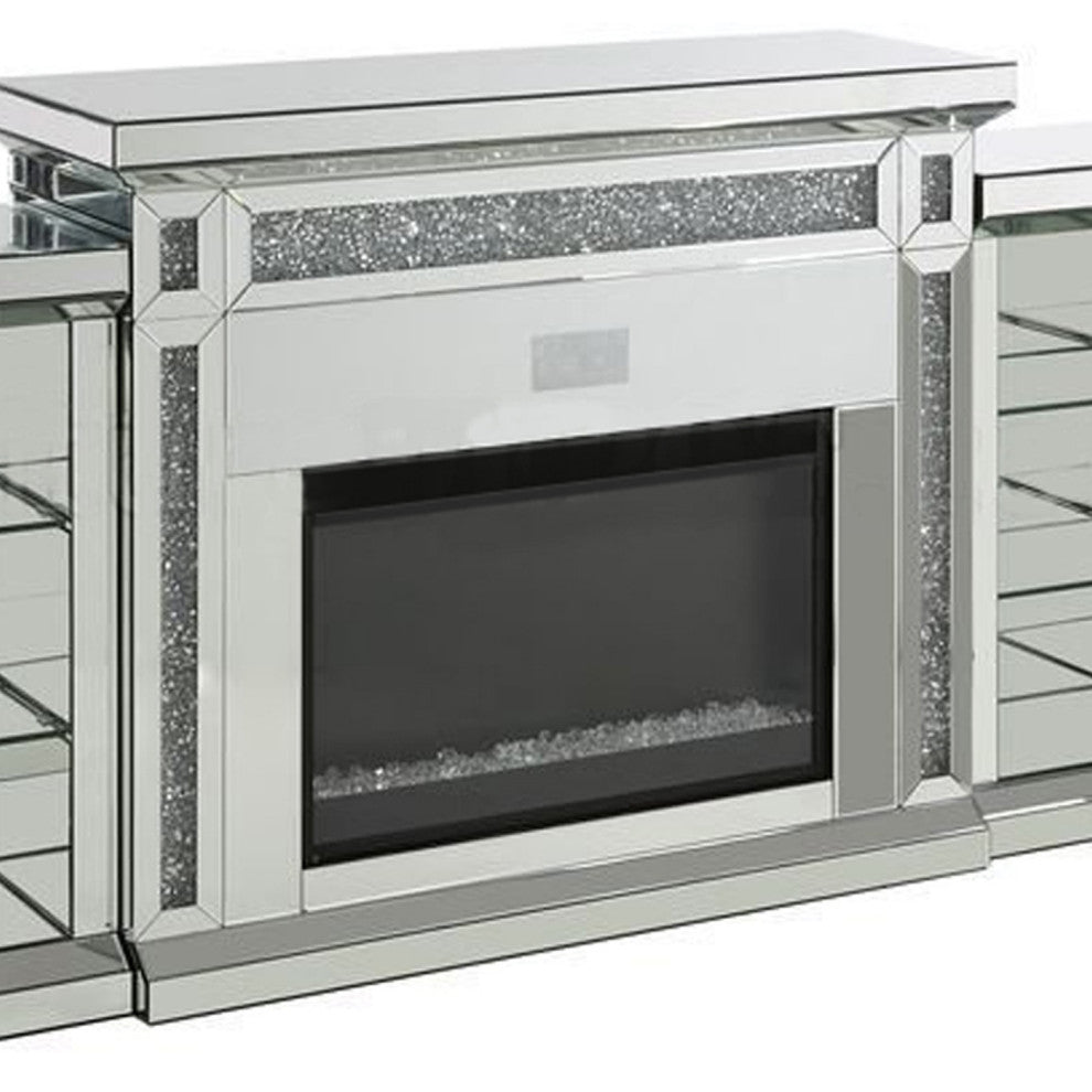 Benzara BM266450 Fireplace With LED and Mirrored Finish, Silver and Black