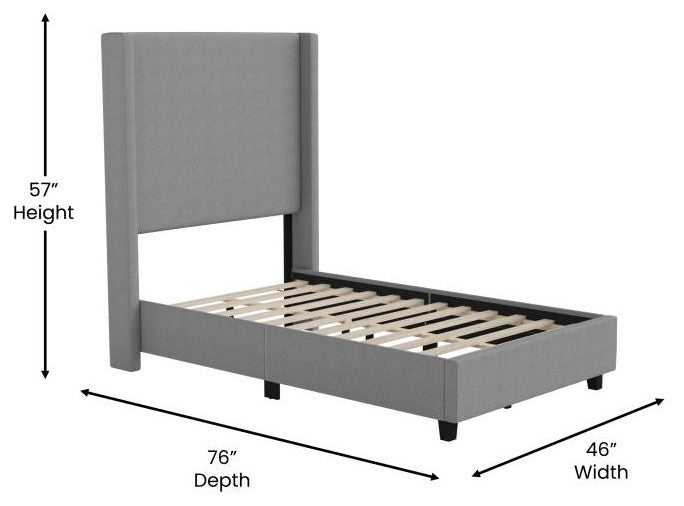 Quinn Upholstered Platform Bed with Channel Stitched Wingback Headboard, Gray, Twin