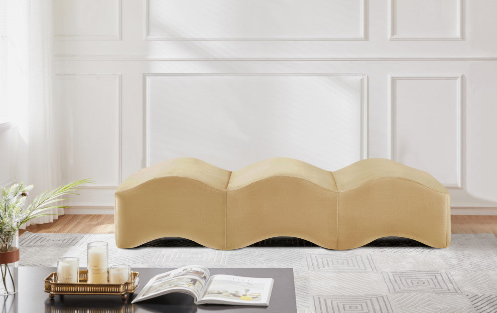 Wave Upholstered Bench, Camel, Velvet