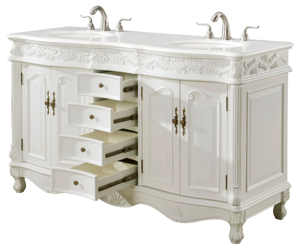 60" Double Bathroom Vanity, with Ivory White Engineered Marble in Antique White