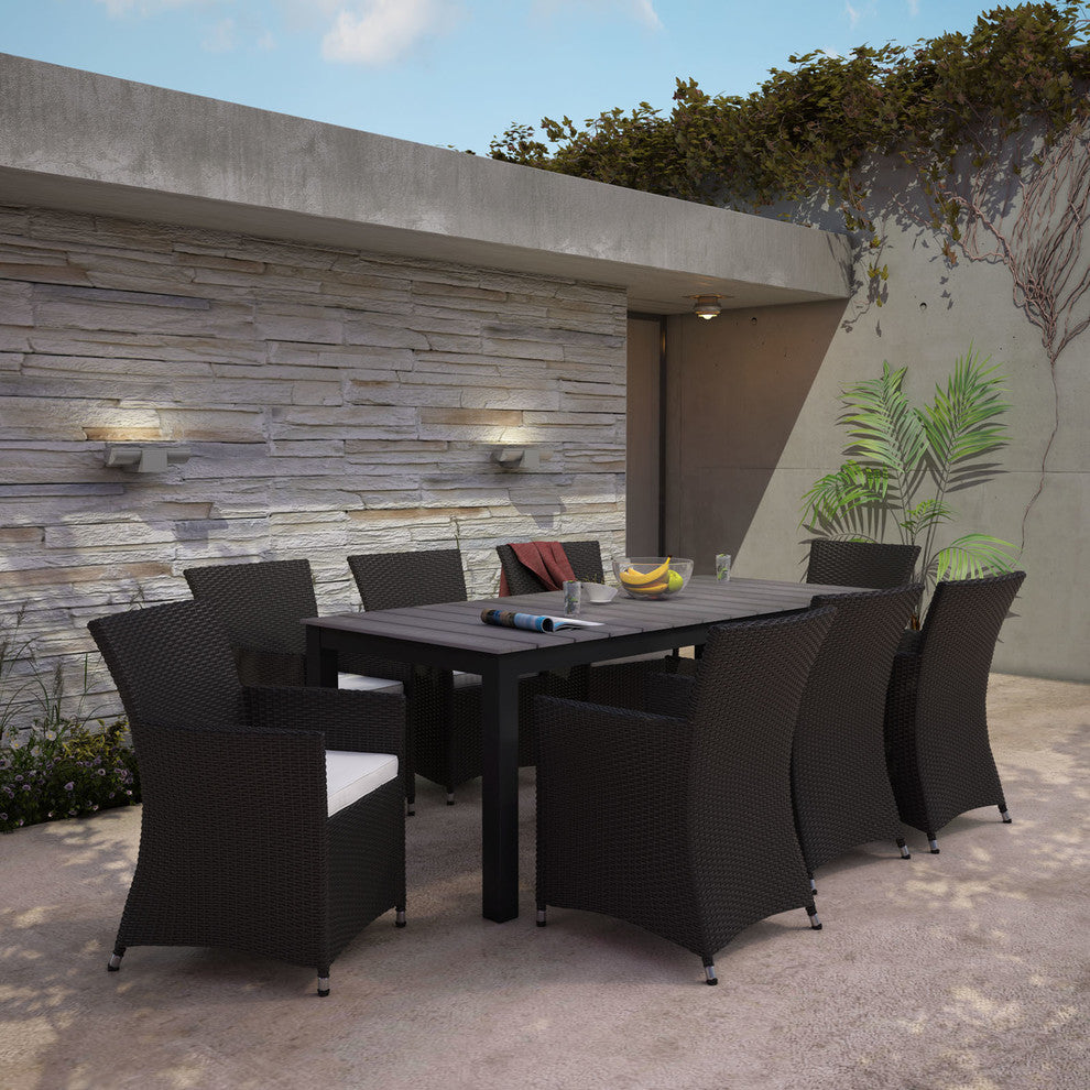 Modern Urban Contemporary Set of 9 Outdoor Patio Dining Set, Brown White Plastic