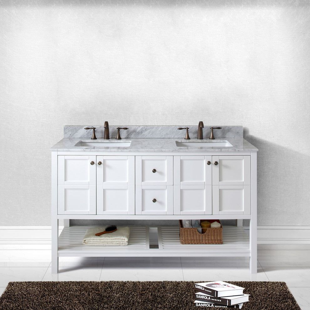 Winterfell 60" Double  Sink White Top Vanity in White with Brushed Nickel Faucet