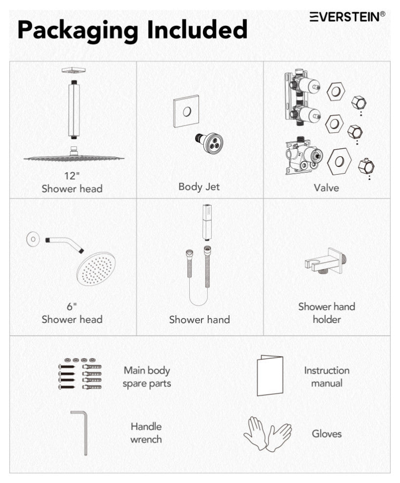 Themostatic Shower System 12" High-Pressure Dual Heads, Brushed Gold