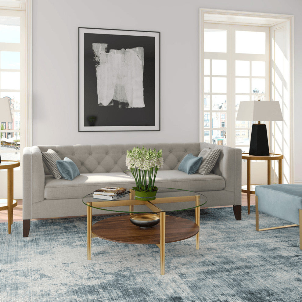 36" Gold Glass And Steel Round Coffee Table With Shelf