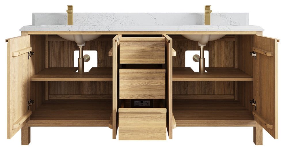 Elizabeth Oak 72" Double Sink Vanity, White 1.5" Empira Quartz