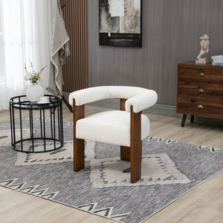 Barrel Boucle Fabric Upholstered Dining Chair, Cream, Walnut Finish
