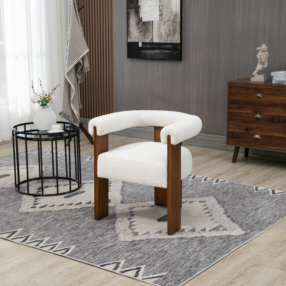 Barrel Boucle Fabric Upholstered Dining Chair, Cream, Walnut Finish