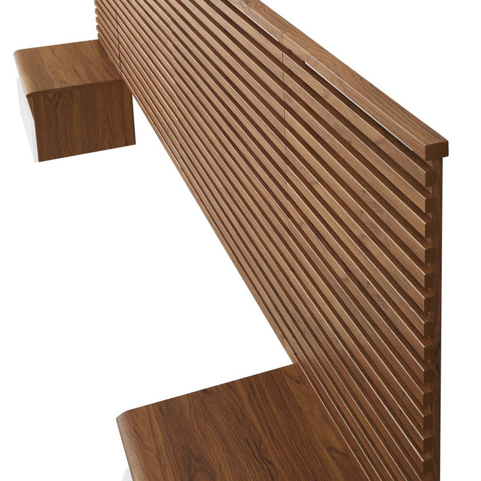Render Wall Mount King Headboard and Modern Nightstands, Walnut
