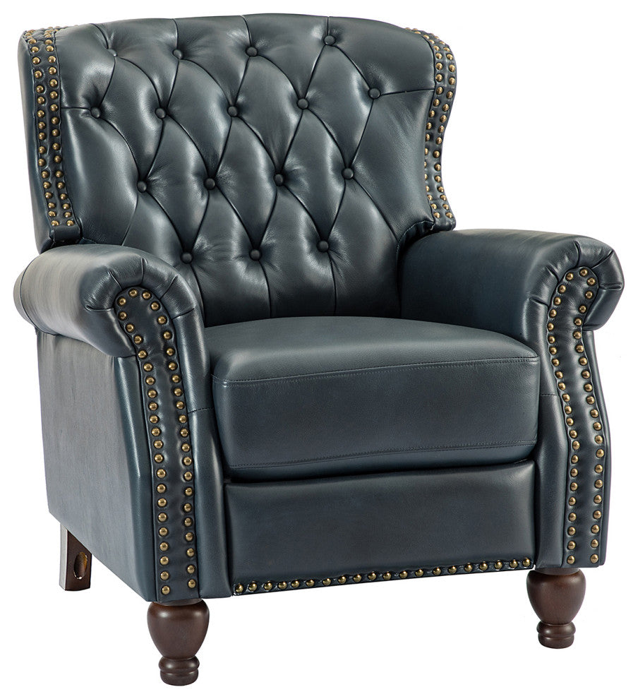 34.5"W Transitional Style Genuine Leather Recliner With Nailhead Trims, Navy