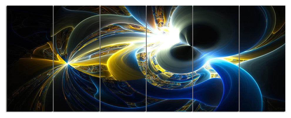 Glowing Blue Yellow Plasma, Abstract Wall Art Canvas, 70"x28", 6 Panels