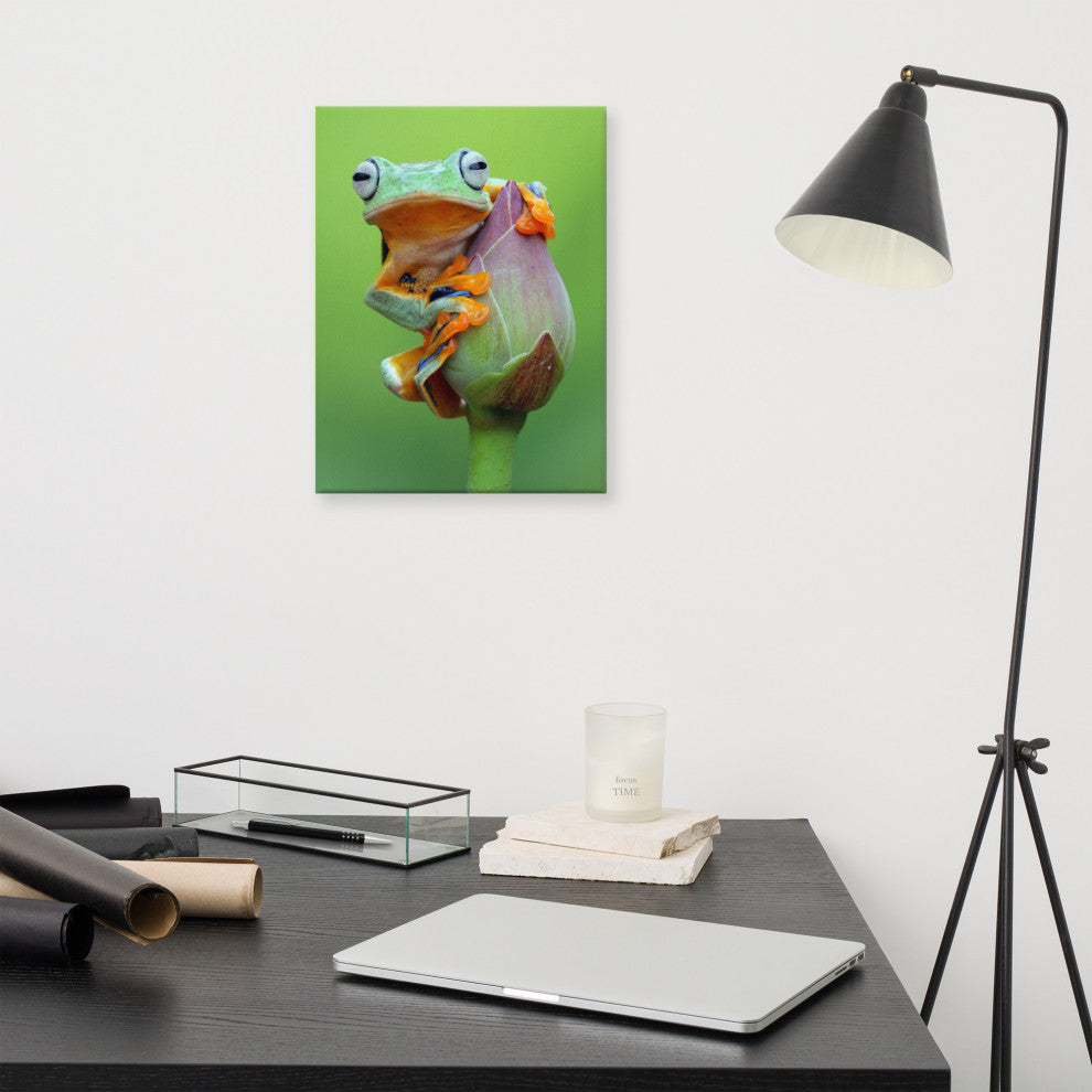 Tiny Green Tree Frog on Lotus Bloom Wildlife Floral Photo Canvas Wall Art Prints, 12" X 16"
