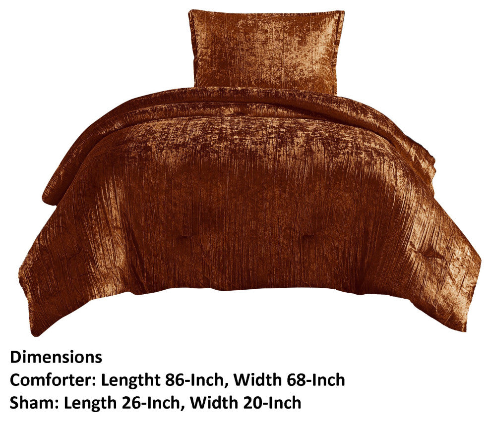 Benzara BM283898 Jay 2 Piece Twin Comforter Set, Copper Polyester Velvet Texture