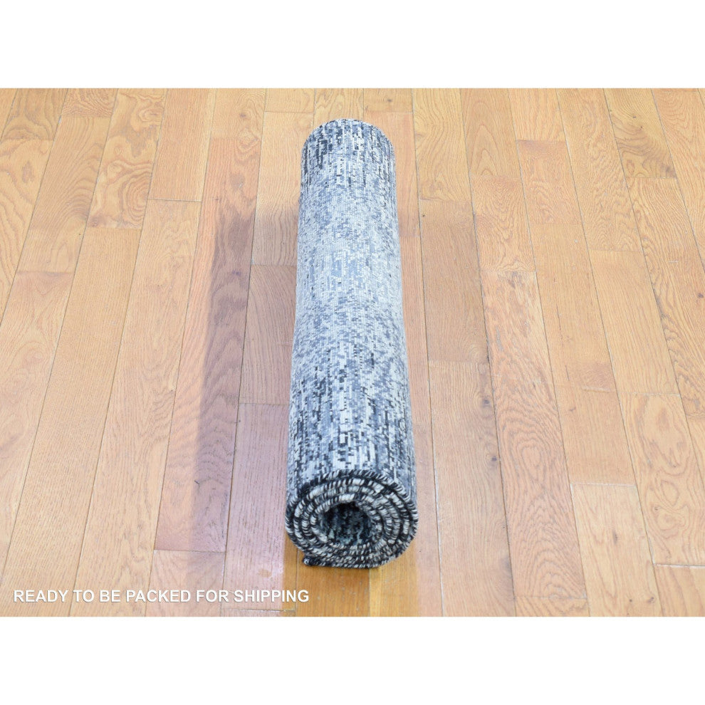 Black Pure Silk and Wool Modern Design Hand Knotted Mat Rug, 3'0" x 5'0"