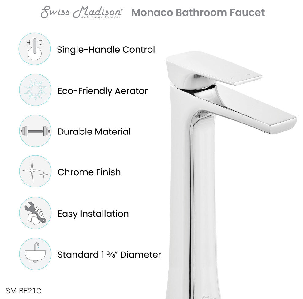 Monaco Single Hole Single-Handle High Arc Bathroom Faucet, Chrome
