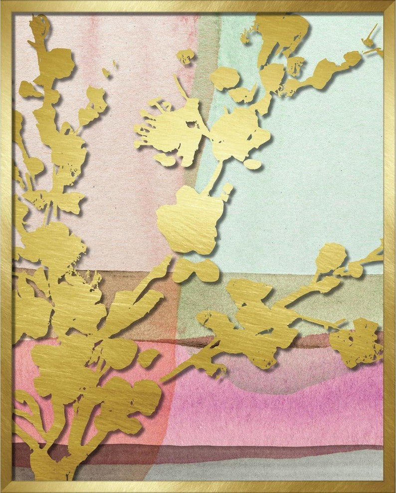 Pink Abstract Watercolor W. Peony Vine Silhouette Shadowbox W. Glass Screenprint