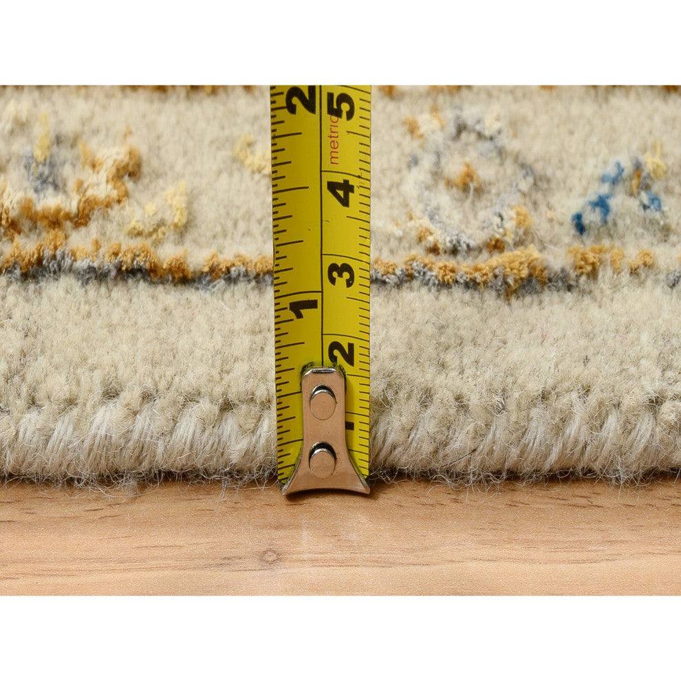 Beige, Hand Knotted, THE SUNSET ROSETTES Wool and Pure Silk, Rug, 5'3" x 7'0"