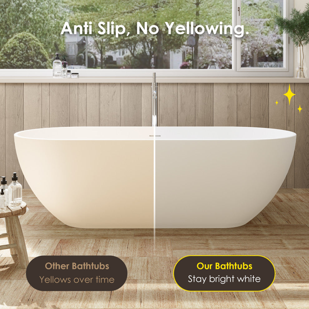 Ryder Flatbottom Freestanding Solid Surface Soaking Bathtub, Matte White, 69inch