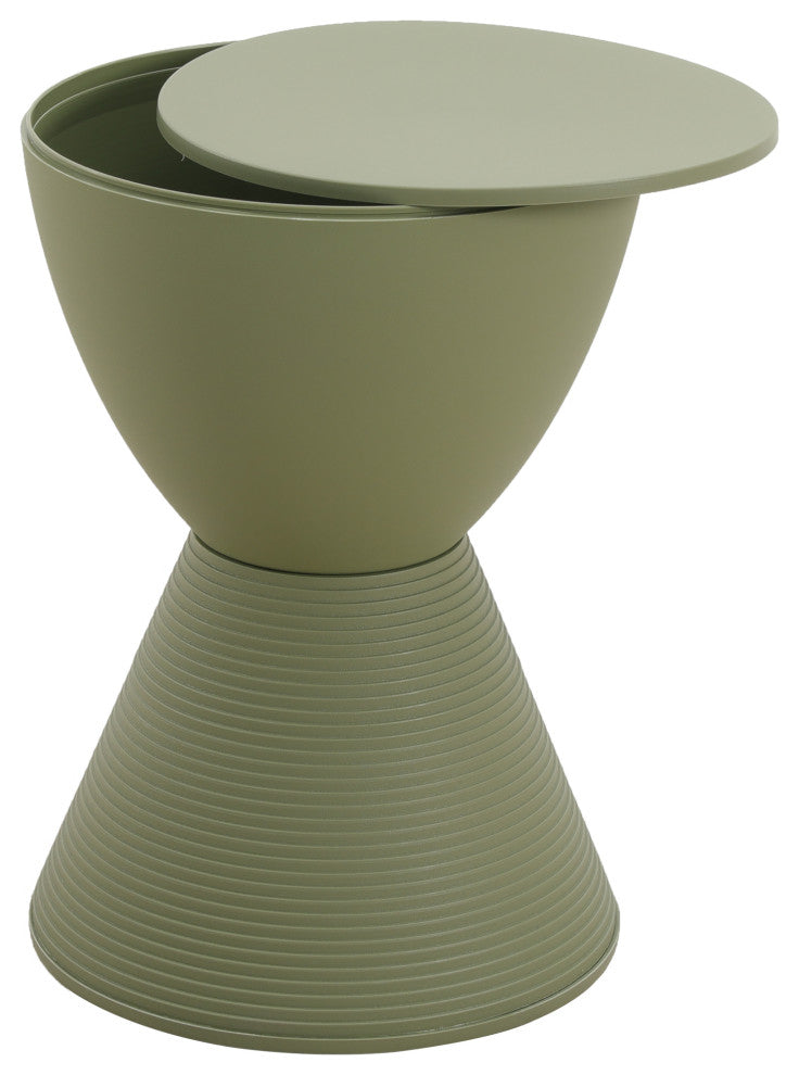 Round Side Table in ABS Plastic Ribbed Design End Table with Removable Lid, Olive Green