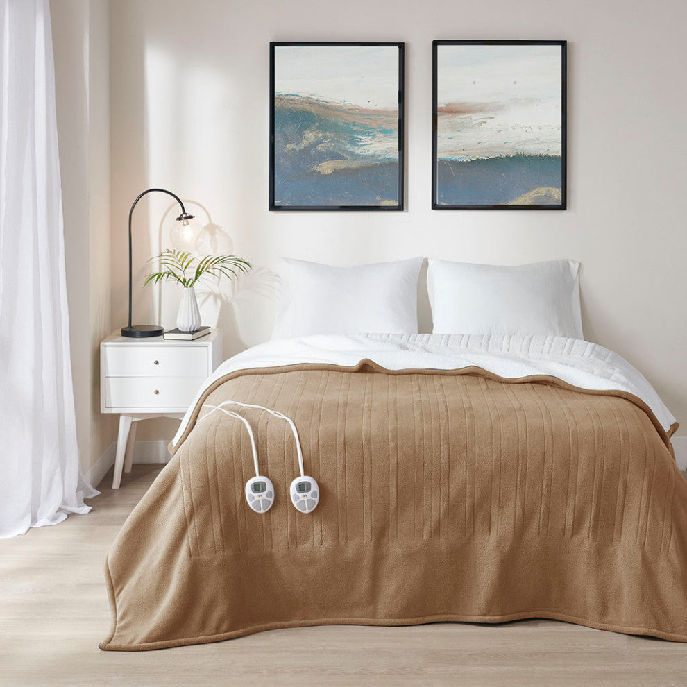 Serta Fleece to Sherpa Heated Fleece and Sherpa Bedding Blanket, Brown