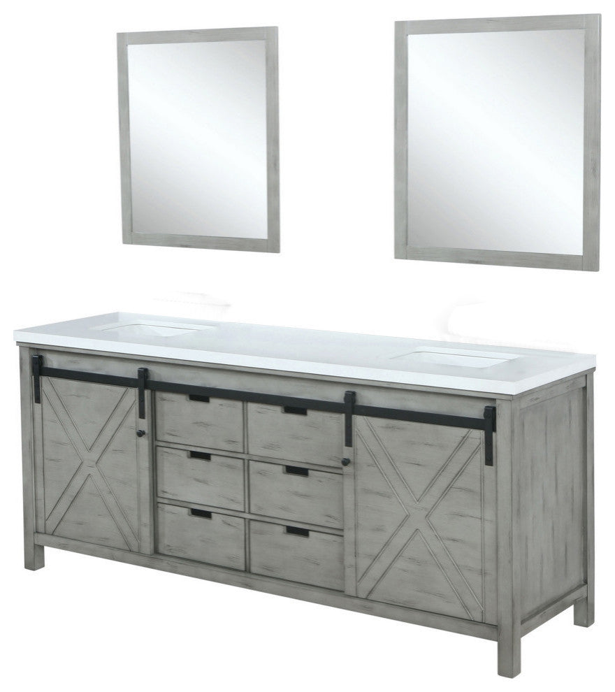Marsyas 84" Ash Gray Double Vanity Cabinet Quartz Top Sinks, 34" Wall Mirrors