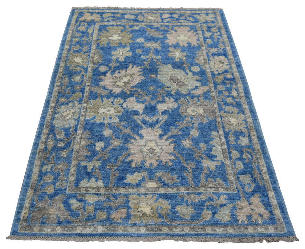 Blue Angora Oushak Bold Colors Leaf Design, Hand Knotted Wool Rug, 4'0"x6'0"