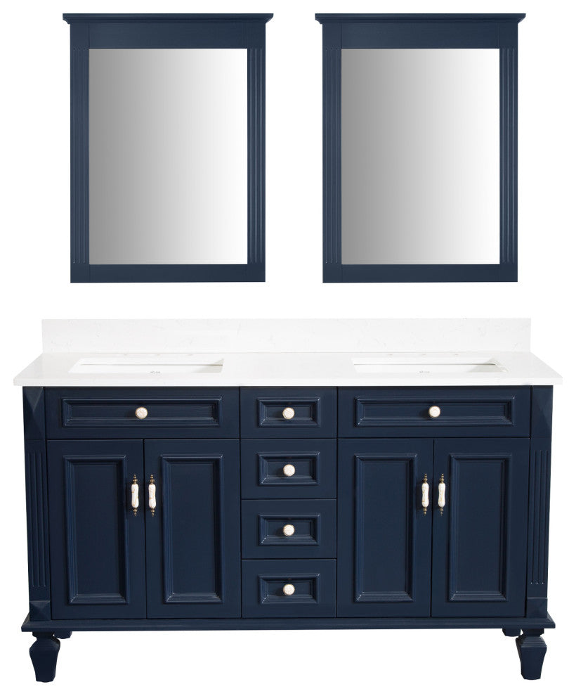 60 In Bathroom Vanity Set with 2Pcs 26 Inch Mirrors, Quartz Top, cUPC Certified, Navy Blue