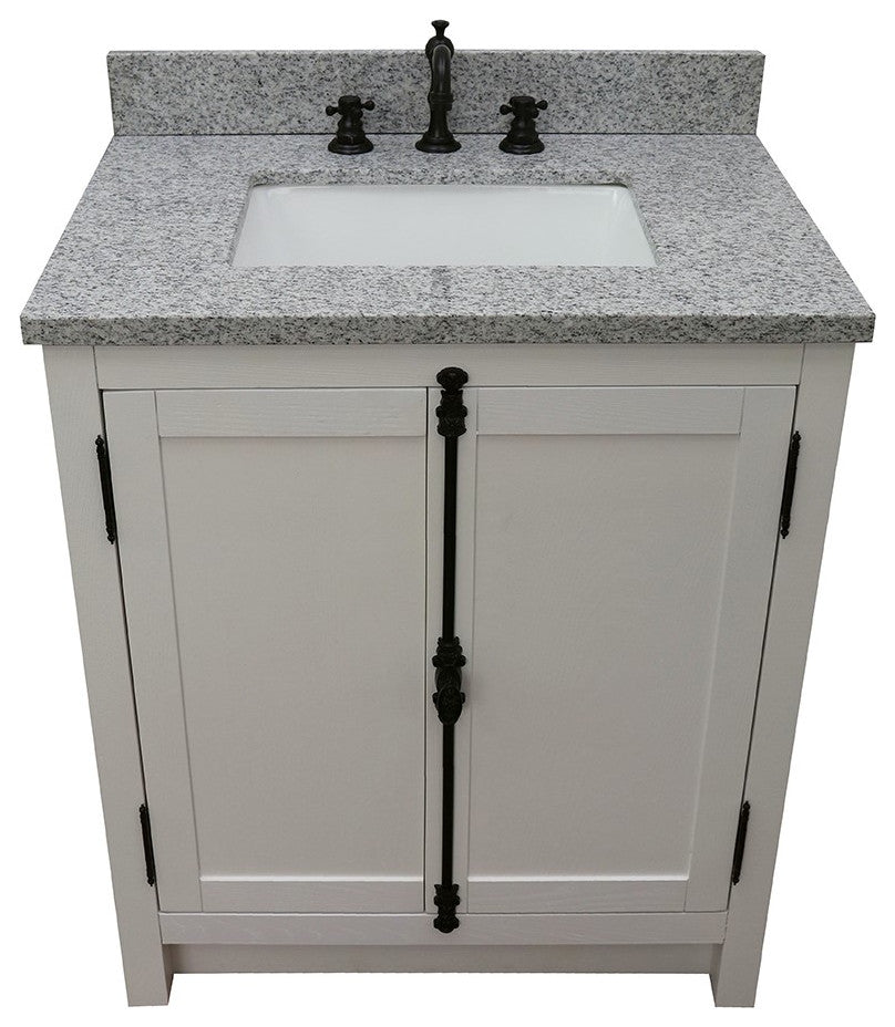 30" Single Vanity, Glacier Ash, Gray Granite Top, Rectangle Sink