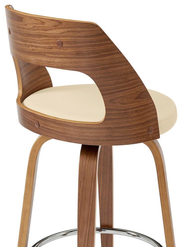 26" Retro Mod Cream Faux Leather and Walnut Swivel Counter Stool