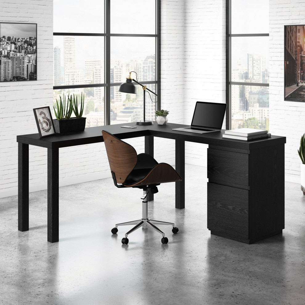 L-Shaped Desk, Large Top & Full Extension Handless Storage Drawers, Bourbon Oak