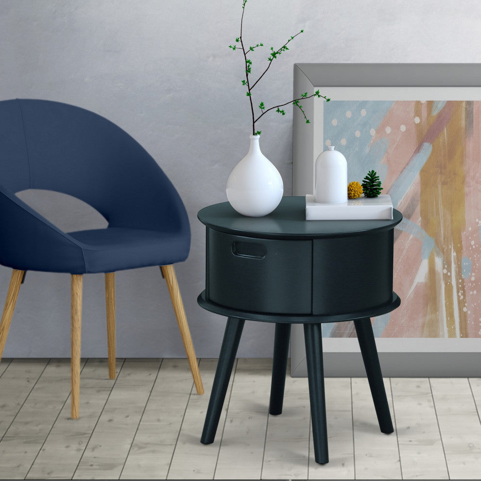 Gordon Round Night Stand End Table With Drawer, Navy Blue Finish