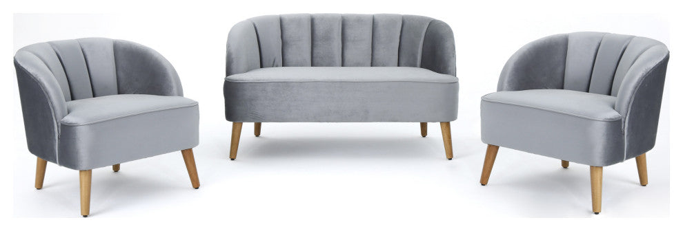 GDF Studio 3-Piece Scarlett Modern New Velvet Loveseat Club Chair Set, Pewter