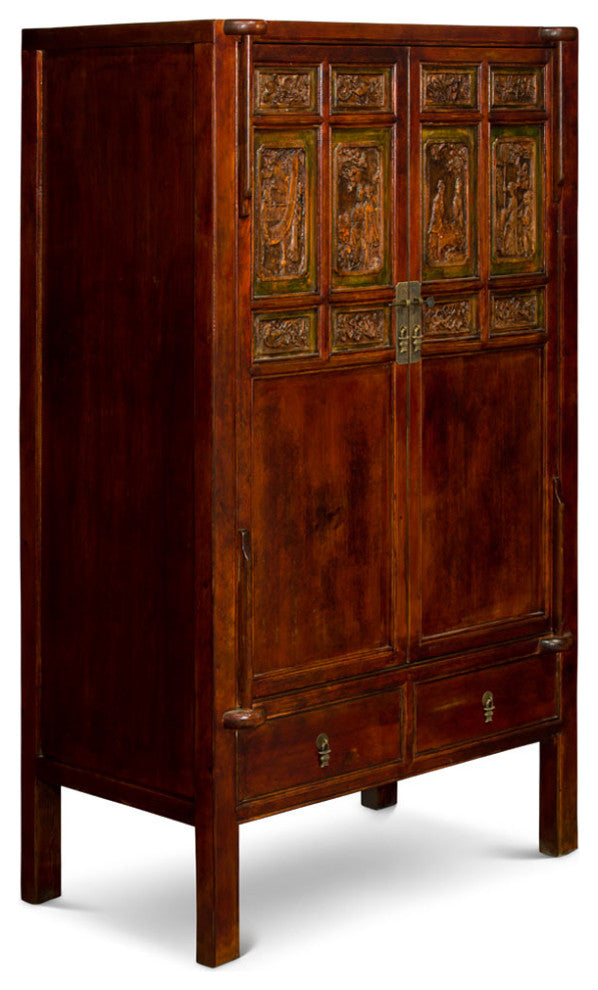 Vintage Elmwood Chinese Armoire with Carved Panels