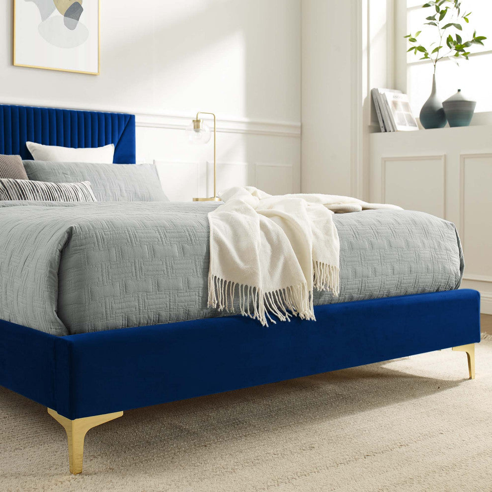 Yasmine Channel Tufted Performance Velvet Queen Platform Bed, Navy