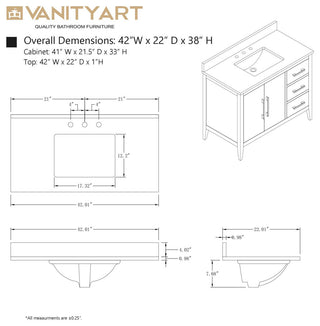 Vanity Art Bathroom Vanity With Sink, White, 42", Single Sink, Matte Black