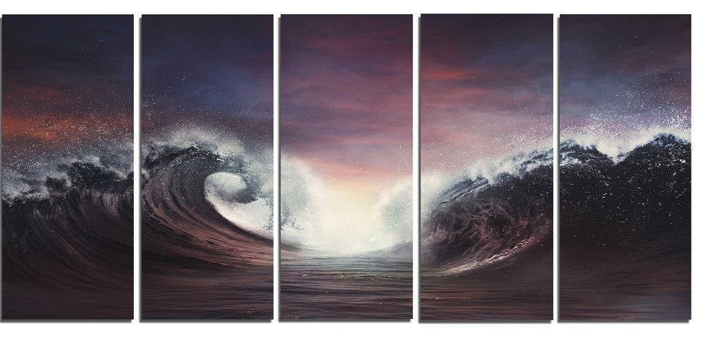 "Dark Parting Ocean With Colorful Clouds" Seashore Wall Art, 5 Panels, 60"x28"