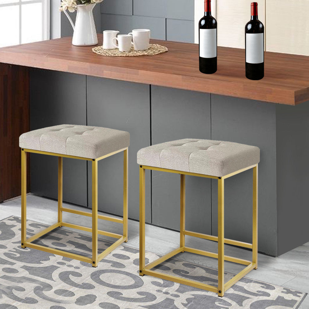 GIA 24 Inch beige backless Bar Stool with Brass Metal Fram,set of 2